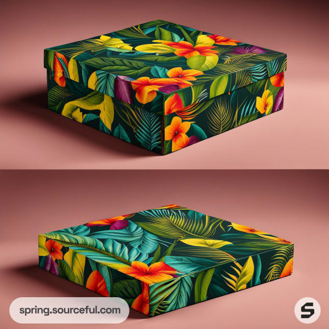 Colorful floral-patterned gift box on a brown background.
