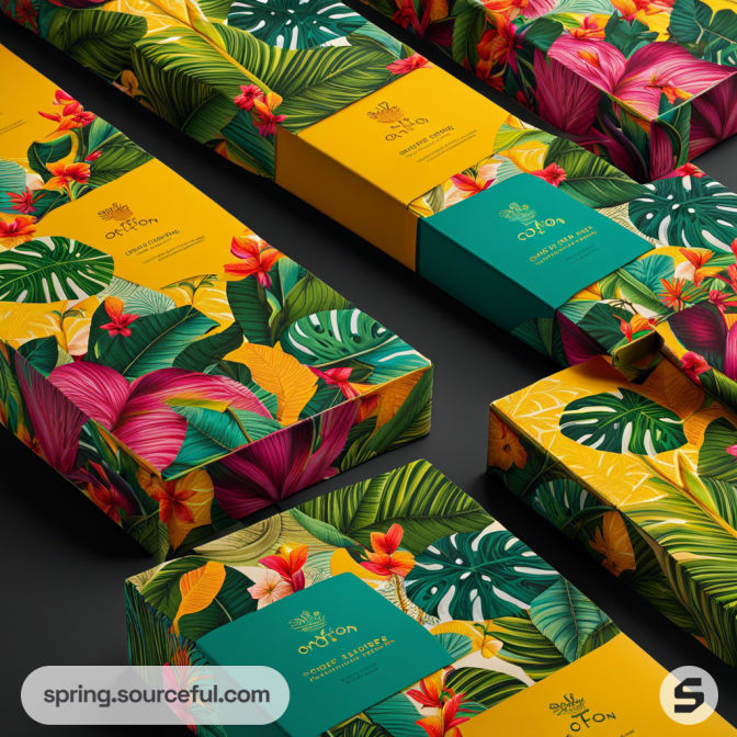Colorful floral patterned boxes with tropical leaves and flowers on dark background.