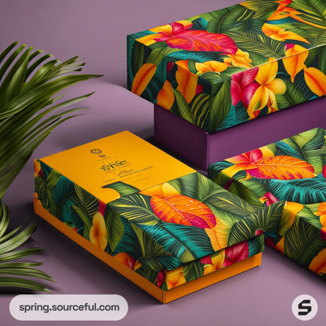 Colorful tropical-themed gift boxes with leaf and flower designs.