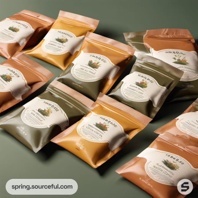 Assorted colored pouches with white labels, arranged on a green surface.