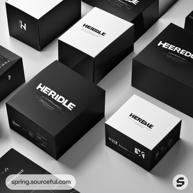 Black and white cube box packaging with text on a white surface.