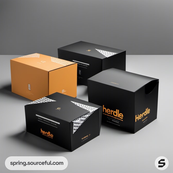 Black and orange rectangular boxes with subtle patterns on gray background.