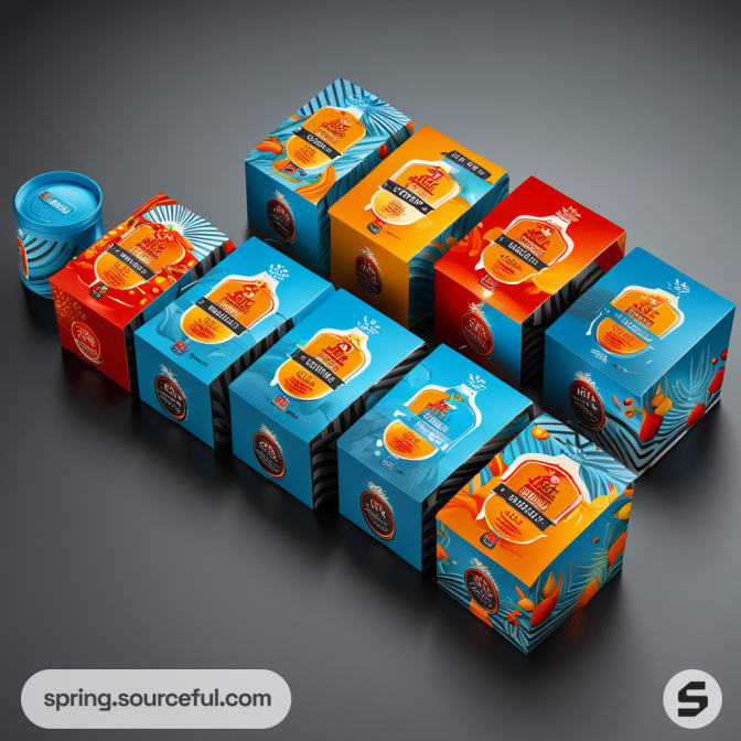 Colorful coffee pod boxes in blue and orange with bold graphics and a cup with lid.