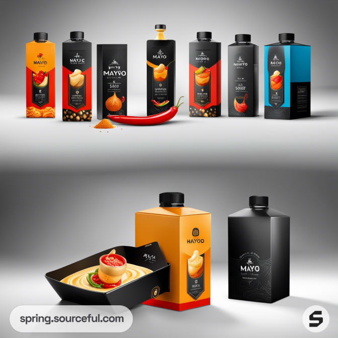 Collection of flavored mayo cartons with chili, herbs, and garlic illustrations on a light grey background.