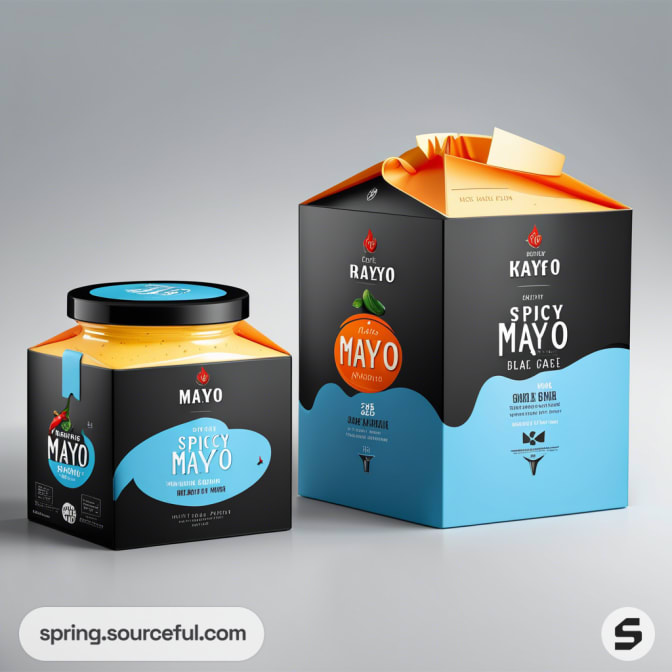 Hexagonal jar and carton box of spicy mayo with black, blue labels and orange accents on a gray background.
