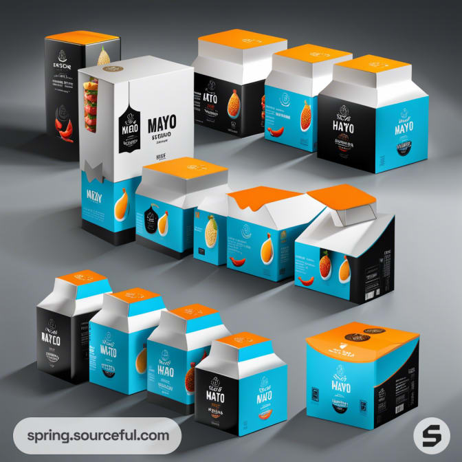 Assorted cube and carton packages with different designs and colors, featuring black, white, blue, and orange accents.