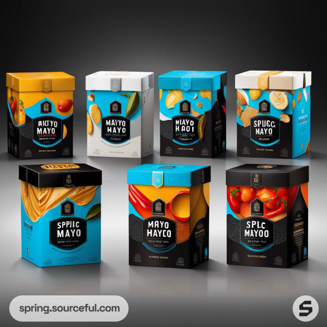 Assorted mayo mailer boxes with colorful ingredient designs and bold text.