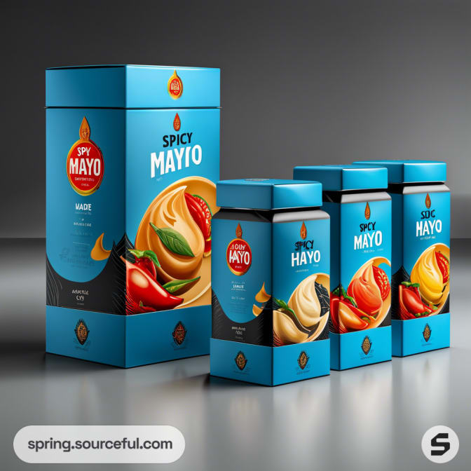 Blue boxes of spicy mayo featuring chili and swirl designs with black accents on a gray gradient background.