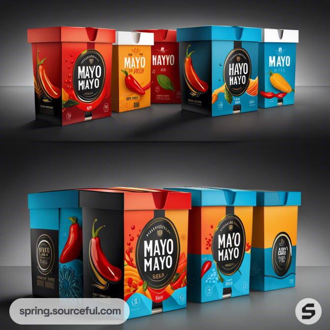 Red and blue condiment boxes with chili pepper designs on a reflective surface.