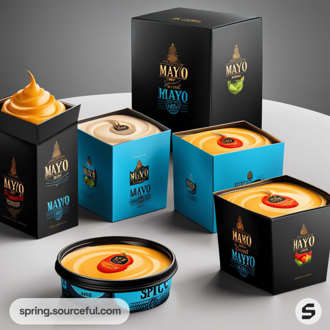 Assorted mayo packaging including black and blue boxes and a round tub with colorful labels.