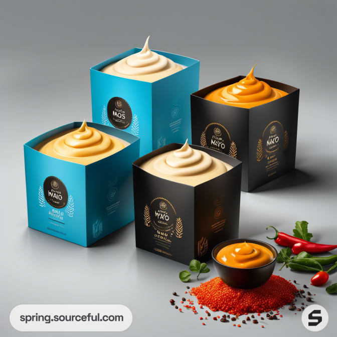 Four square condiment boxes with swirled contents, including beige and orange options, on a gray surface with red spices.