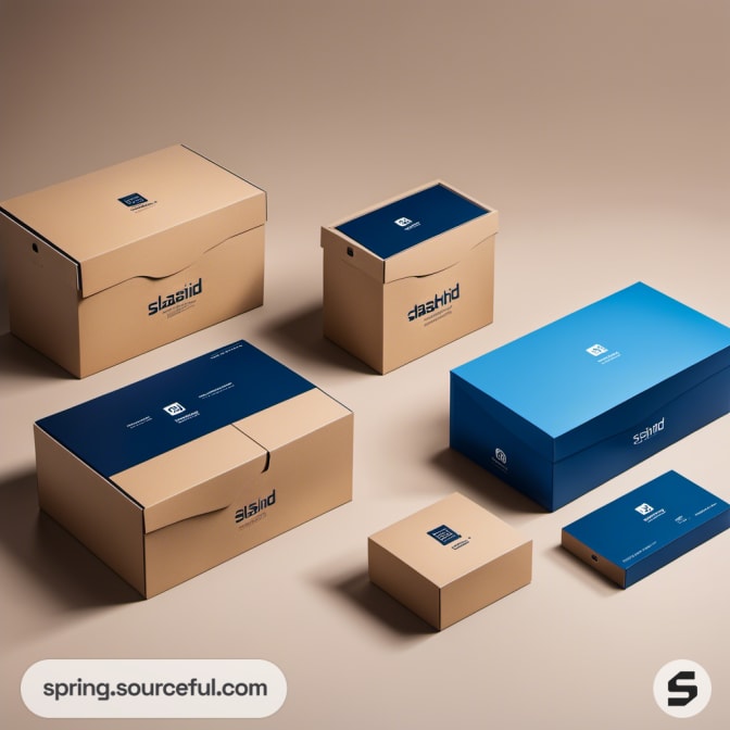 Various sized cardboard boxes in shades of brown and blue, with lids and flaps, on a beige background.