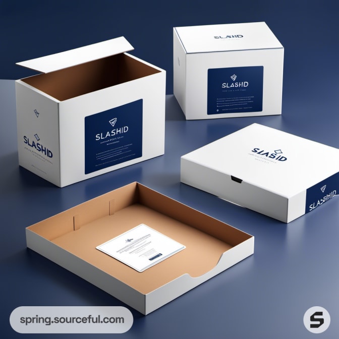 White branded cardboard boxes with blue accents on a blue background.