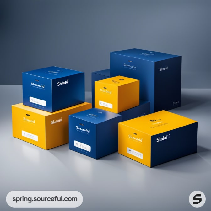 Stack of blue and yellow mailer boxes with text, set against a grey background.