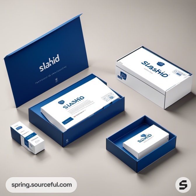 Blue and white packaging with boxes and sleeves on a neutral background.