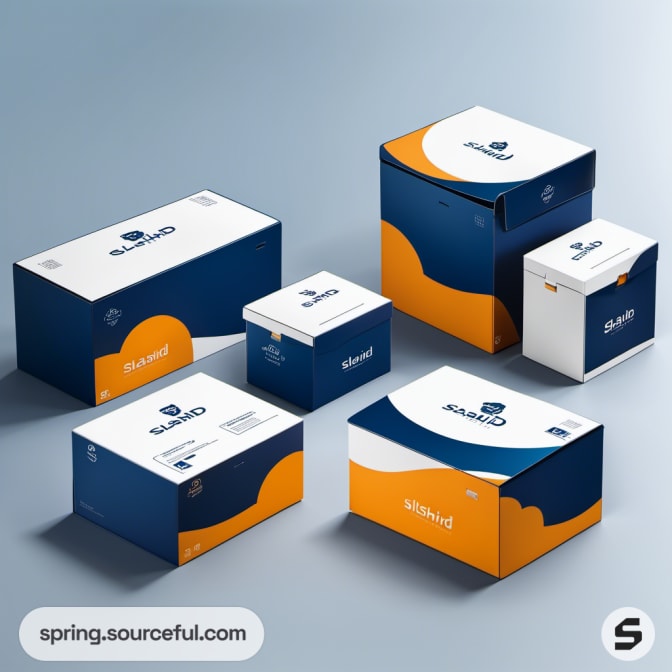 Custom printed mailer boxes with blue and orange abstract designs on a light background.