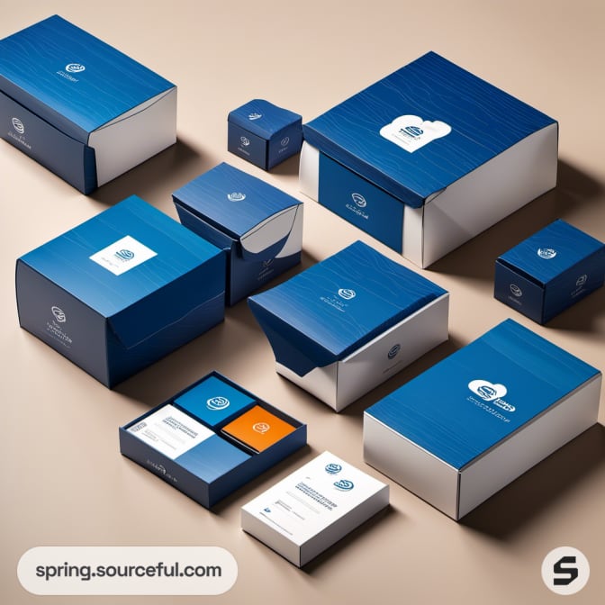 Assorted blue and white mailer boxes of various sizes on a beige surface.