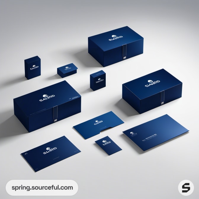 Set of blue mailer boxes and cards on a light background.