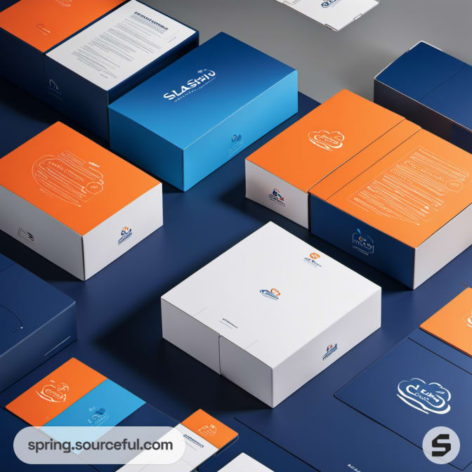 Colorful packaging boxes in blue, white, and orange with cloud designs on a blue background.
