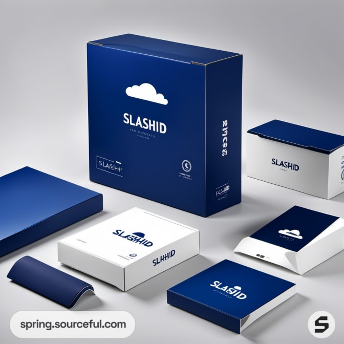 Blue and white packaging with cloud design, includes various boxes and pouches.