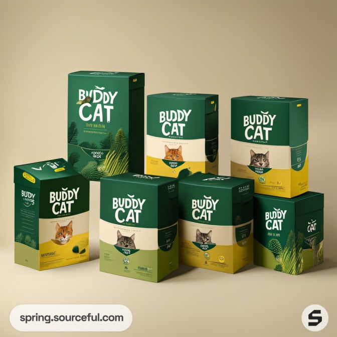 Multiple green and beige pet food boxes with cat illustrations.