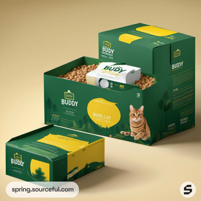 Open green carton with dry cat food and orange cat graphic on a beige background.