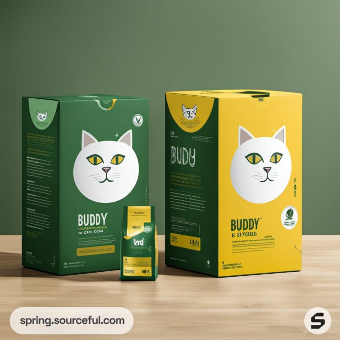 Two green and yellow boxes with cat face design on wooden surface.