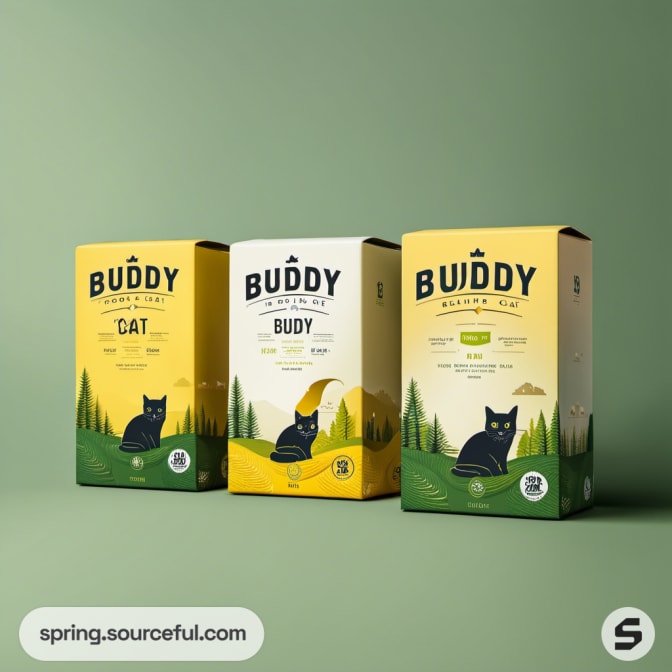 Three buddy cat boxes in shades of green and yellow with cat graphic and forest motif.