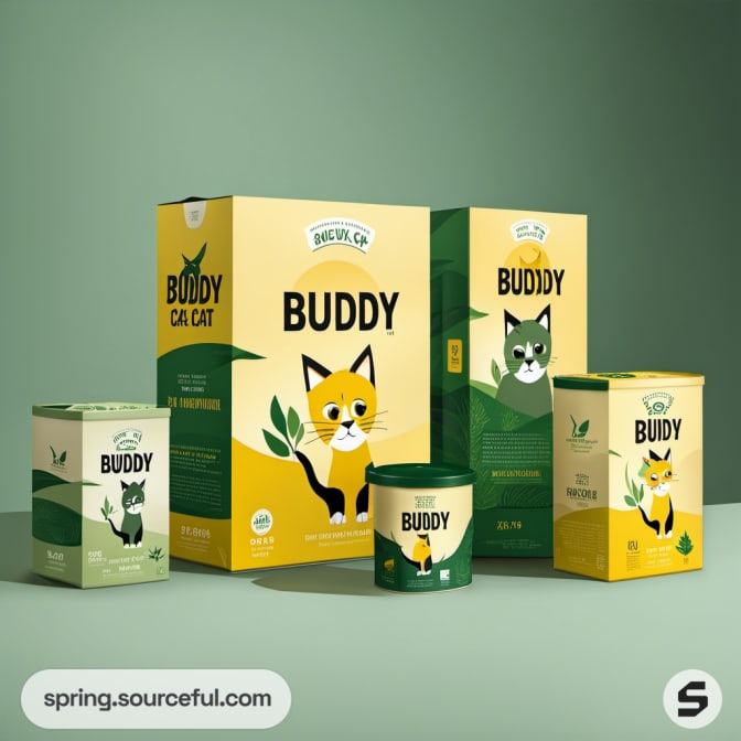 Varied green and yellow containers featuring playful cat graphics on a green background.