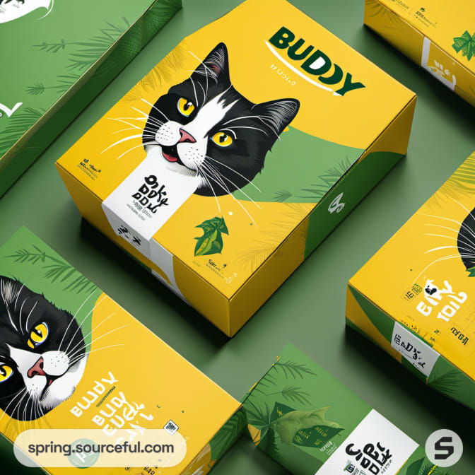 Close-up of yellow and green pet food boxes with cat illustrations.