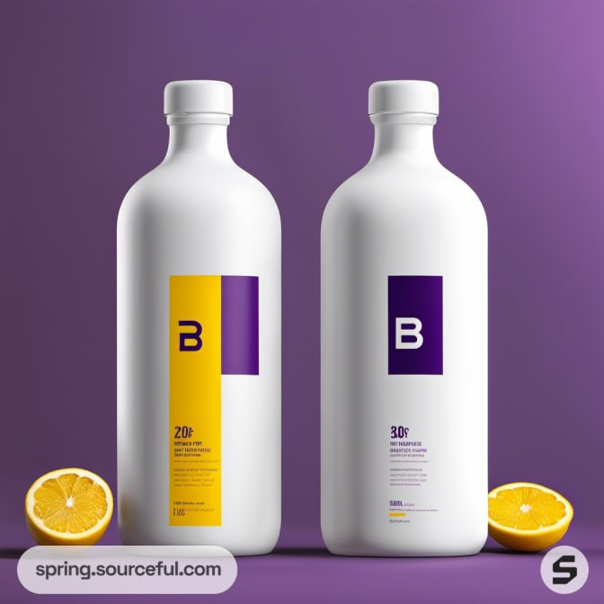 Two white bottles with purple and yellow labels on a purple background.