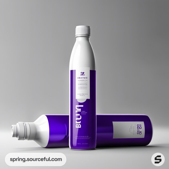 Tall purple bottle with two caps, one standing and one lying, on a gray background.