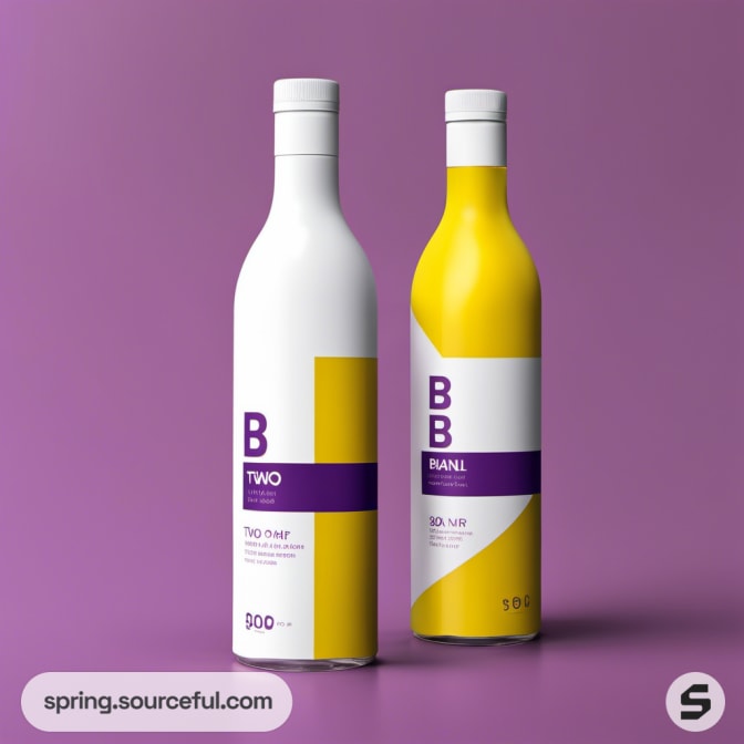 Two tall bottles, white/yellow and purple/white, on a purple background.