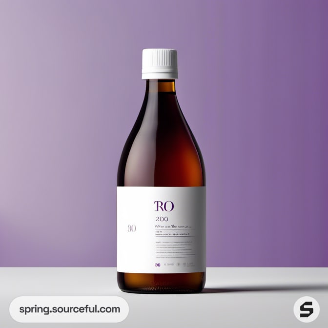 Brown glass bottle with a white label on a purple background.