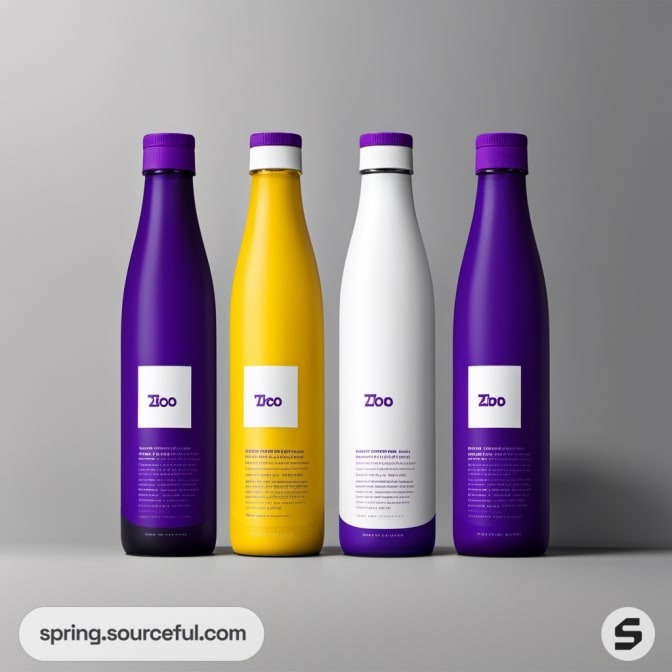 Four bottles: two purple, one yellow, one white, on a gray background.