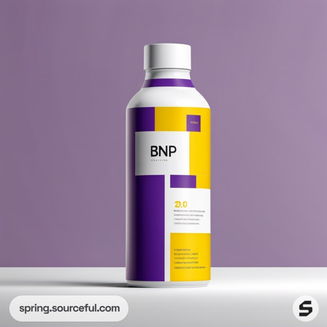 Bottle with purple and yellow geometric design on a purple background.