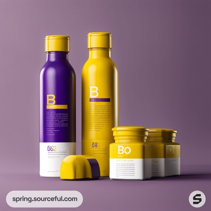 Yellow and purple bottles with matching small containers on a purple background.