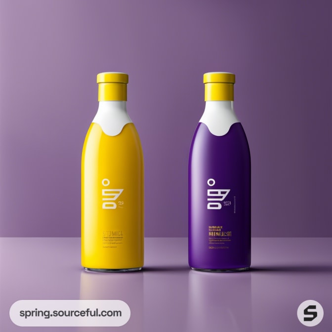 Two bottles in yellow and purple designs on a purple background.