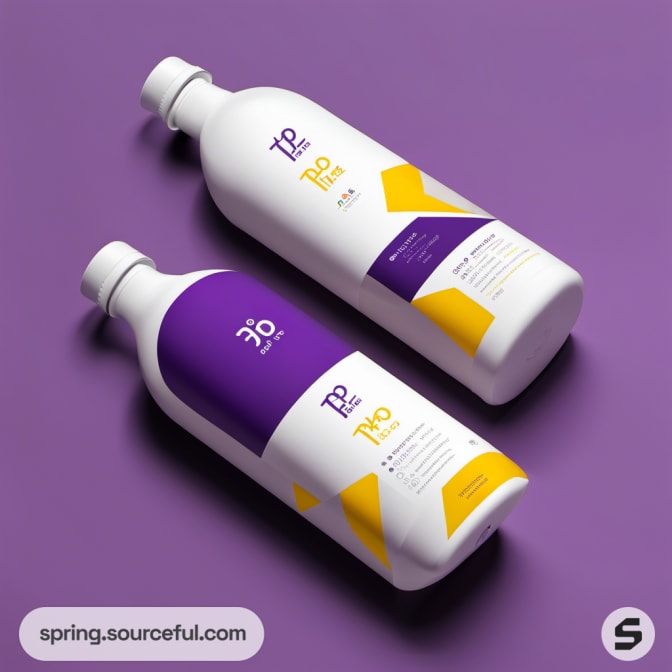 Two white bottles with purple and yellow label designs on a purple background.