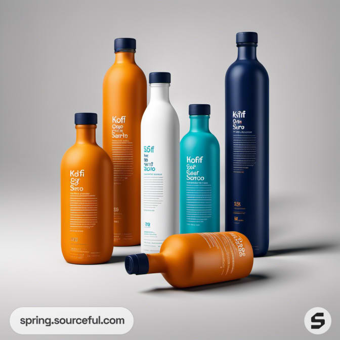 Colored bottles with minimalist designs on a gray background.