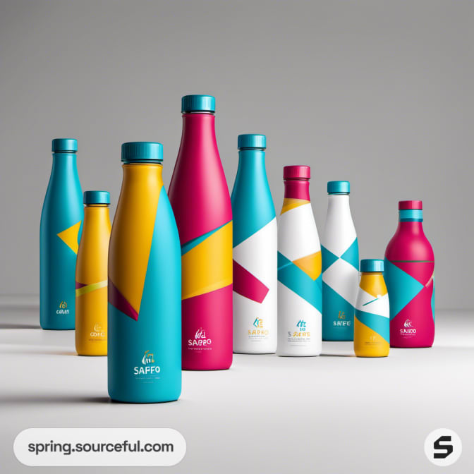 Colorful geometric patterned bottles in various sizes on a gray background.