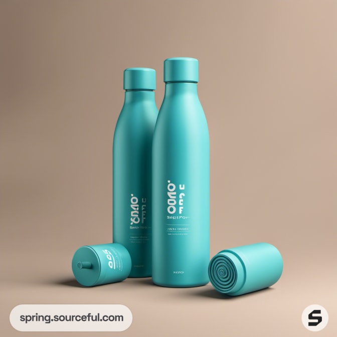 Cylindrical teal bottles and caps against a beige backdrop.