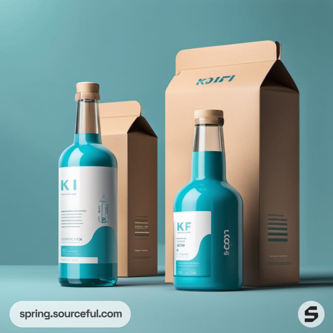 Blue bottles in cardboard boxes on a teal background.