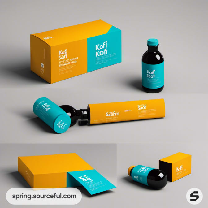 Black and turquoise bottles with orange packaging against gray.