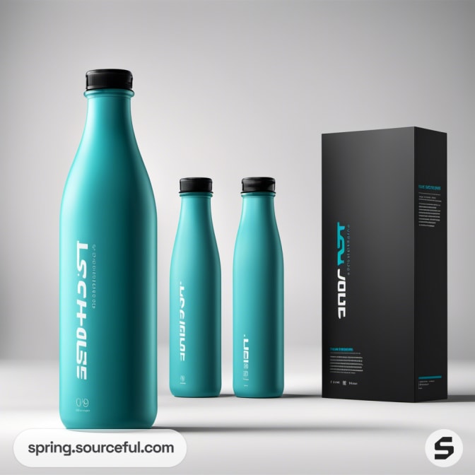 Teal bottles and a black box on a gradient background.