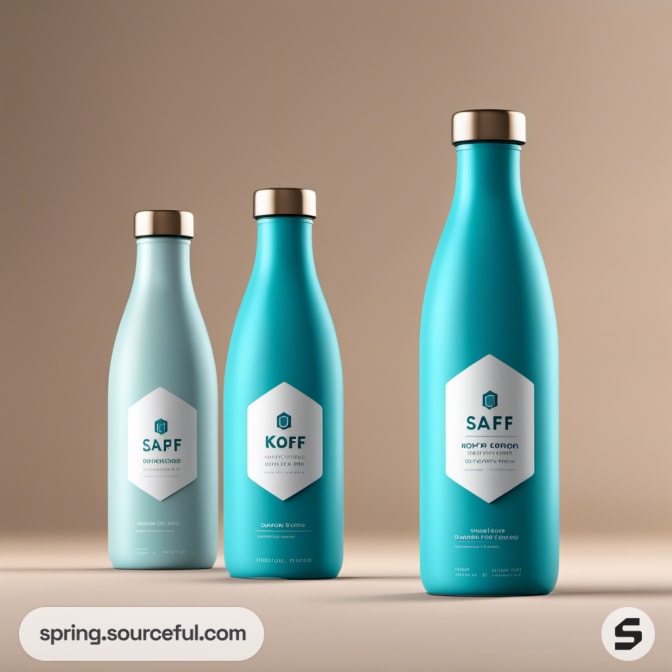 Teal and beige bottles with hexagonal labels on a beige background.