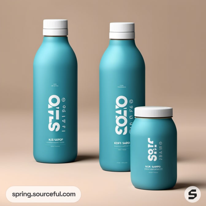Aqua blue bottles with white caps on a beige background.