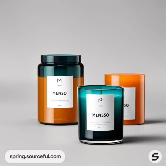 Various candles in glass jars, teal and orange colors, minimalistic design.