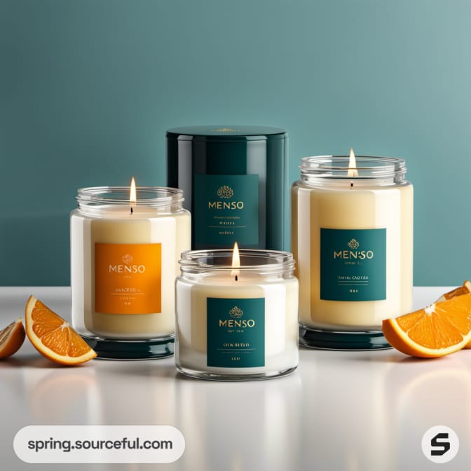 Four burning candles in glass jars, teal and white with orange accents.