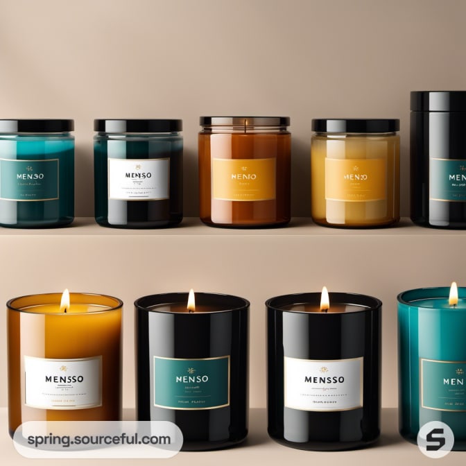 Colorful candles in glass jars, various colors including teal, black, and orange.